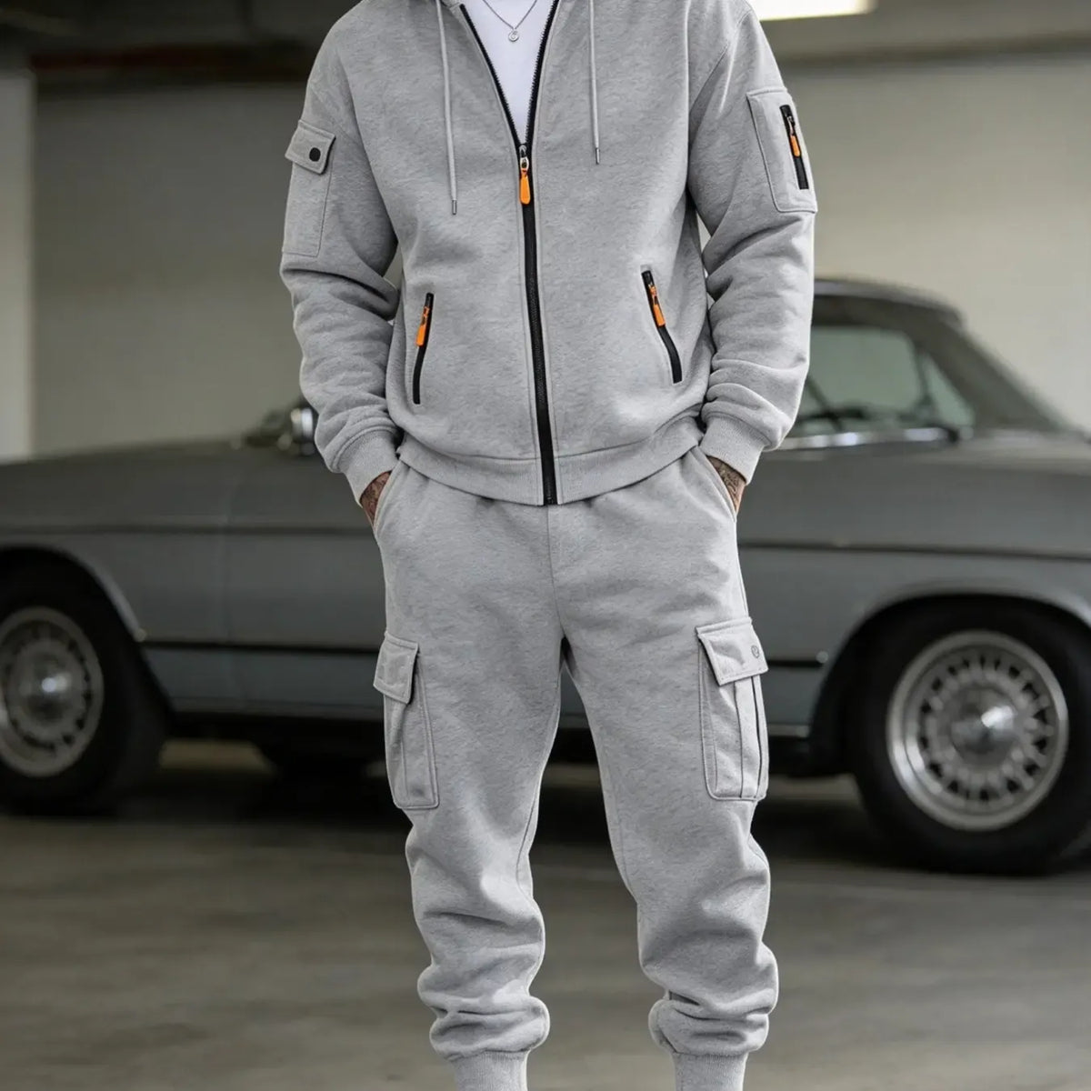 Men’s Cargo Tracksuit Set Full‐Zip Hooded Jacket + Pants (Polyester)