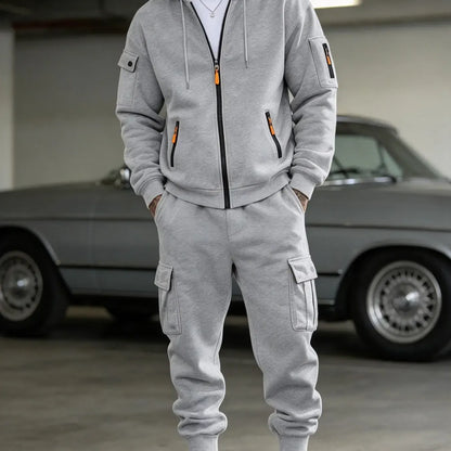 Men’s Cargo Tracksuit Set Full‐Zip Hooded Jacket + Pants (Polyester)