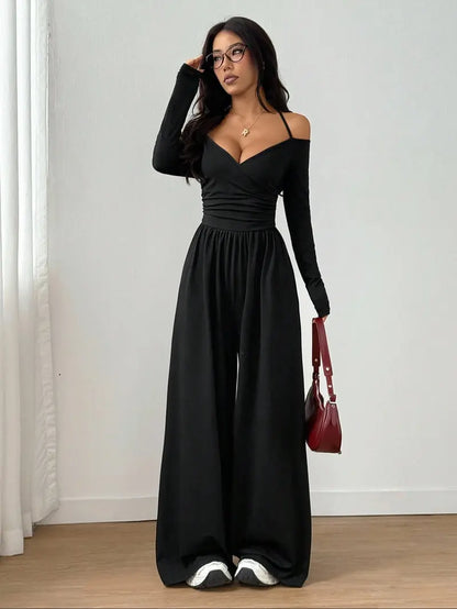 Women's Cotton-Blend Slim-Fit Pleated Off-Shoulder Wide-Leg Jumpsuit