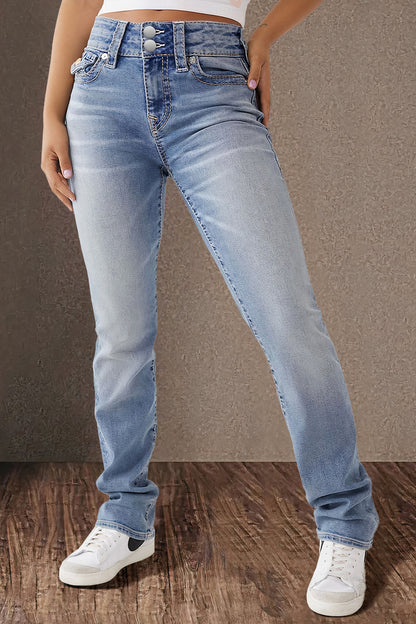 Double Button Mid Waist Straight Leg Jeans