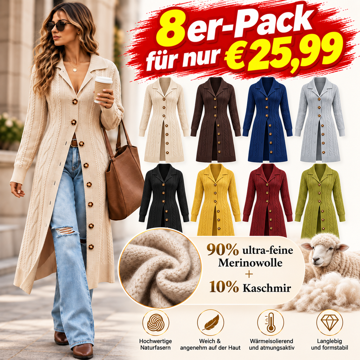 ⚡ Letzter Tag des Angebots – Damen-Longcardigan aus extrafeiner Merinowolle und Kaschmir mit Zopfmuster