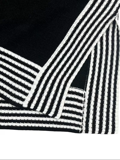 Women's Striped Patchwork Print Batwing Sleeve Split Hem Sweater
