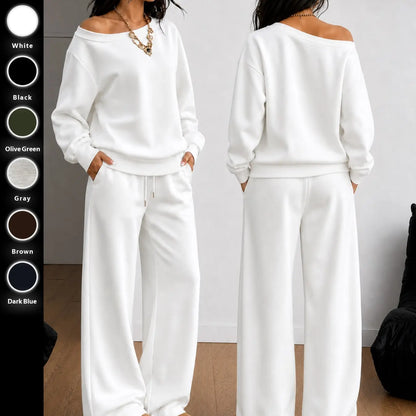 Women's 100% Cotton Two-Piece Set with Asymmetrical Sweatshirt & Wide-Leg Pants
