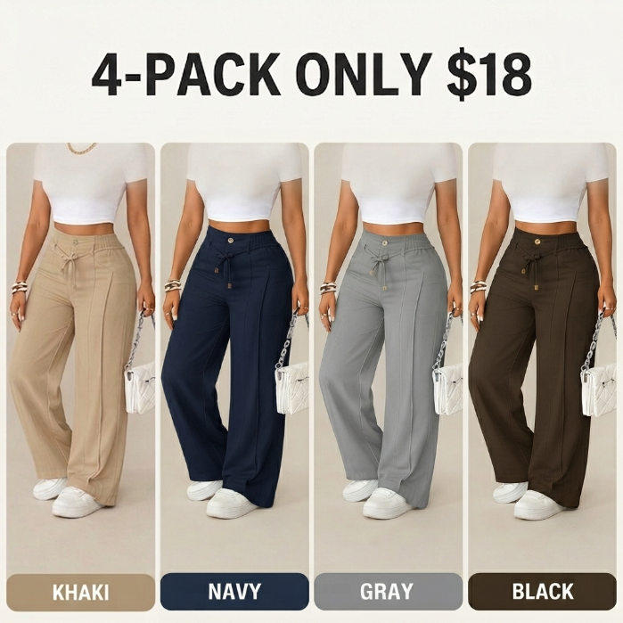 Women's High-Waisted Wide-Leg Trousers – Drapey Straight-Leg Pants with Front Pleat & Gold Button