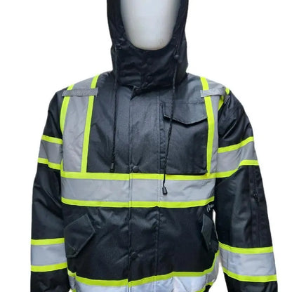 High Visibility Water Resistant Bomber Safety Jacket with Hoodie / Reflective Safety Sherpa Insulated Jacket
