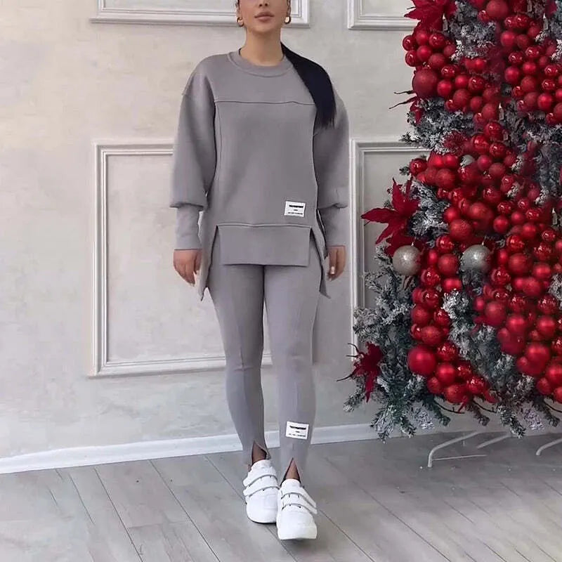Women's Casual Solid Color Round Neck Long Sleeve Slit Hem Sweatshirt Leggings Set