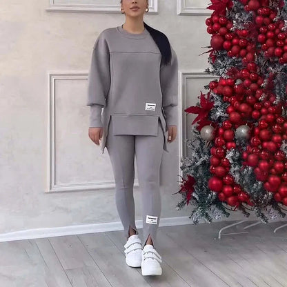 Women's Casual Solid Color Round Neck Long Sleeve Slit Hem Sweatshirt Leggings Set