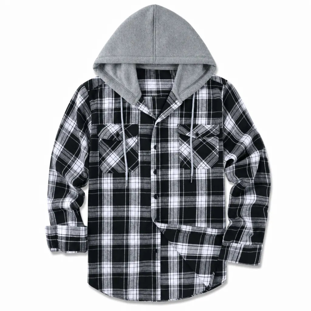 Men's Plaid Zip Up Hoodie Loose Fit American Style Brushed Hooded Sweatshirt
