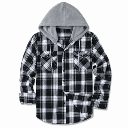 Men's Plaid Zip Up Hoodie Loose Fit American Style Brushed Hooded Sweatshirt