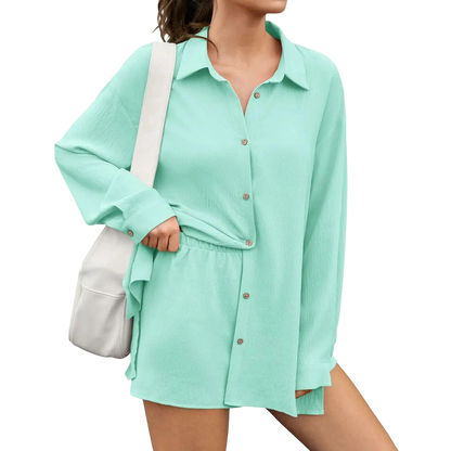Womens Gauze Shirt & Shorts Set 2-in-1 Button Connected Oversized Long Sleeve Button-Down Top with Attachable Safety Shorts