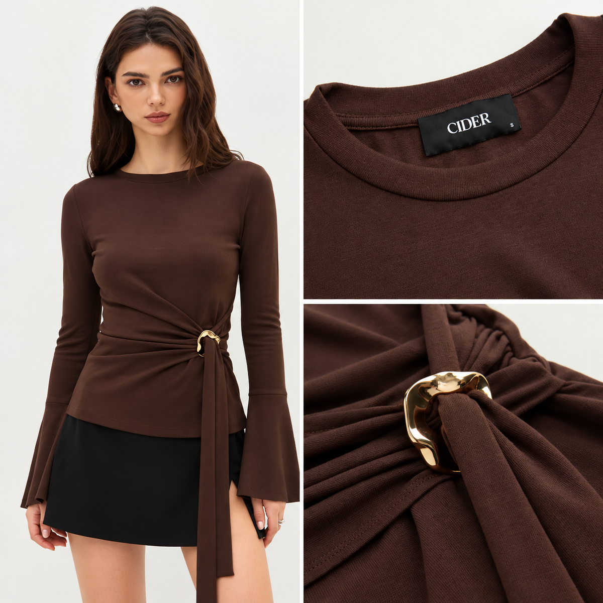 Round Neckline Ruched Metal Detail Long Sleeve Tee
