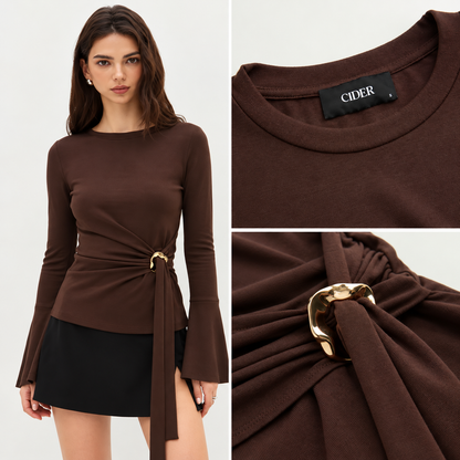 Round Neckline Ruched Metal Detail Long Sleeve Tee