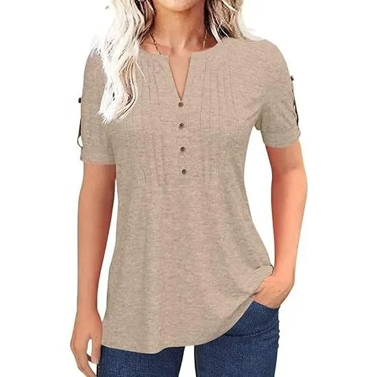 🔥Women's V Neck T Shirt – Casual Pleated Button Top, Loose Fit Short