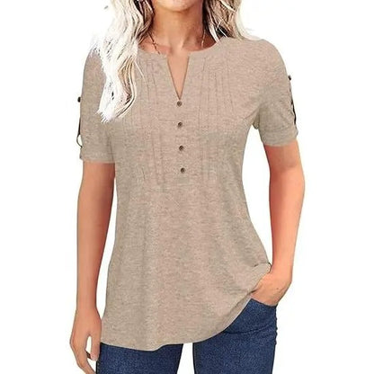 Women's Short Sleeve V-Neck Pleated Button Top