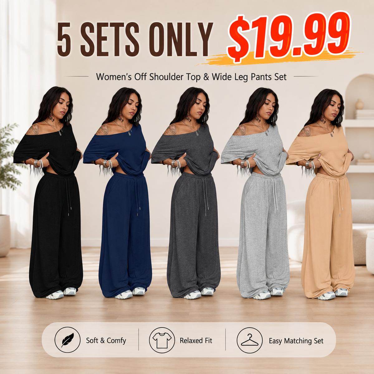Women's Off Shoulder Top & Wide Leg Pants Set