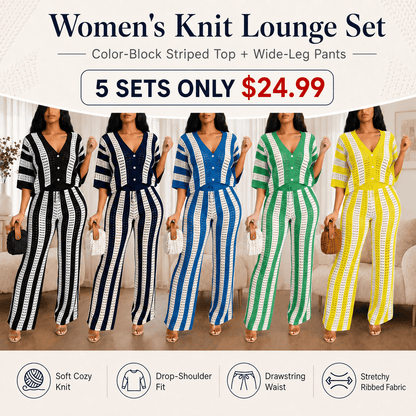 Women's Color-Block Striped Cutout Button-Front Top & Wide-Leg Pants Two-Piece Set