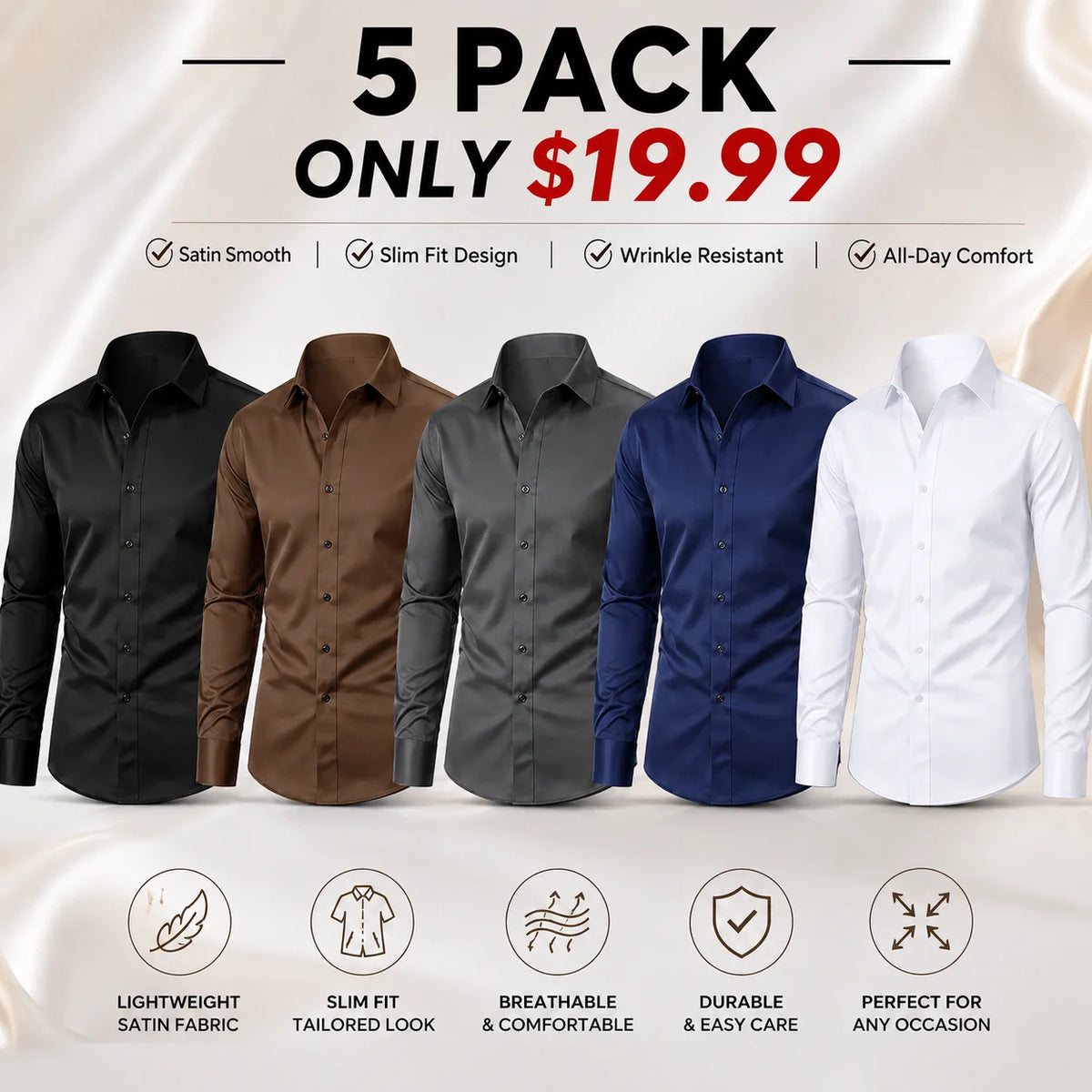 Men's Satin Long Sleeve Dress Shirt Slim Fit