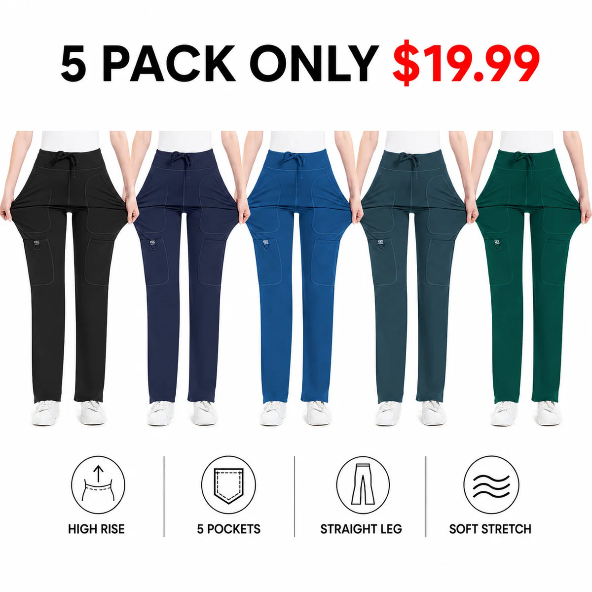 Women's Yoga Scrub Pants - 4-Way Stretch Work Pants with 5 Pockets