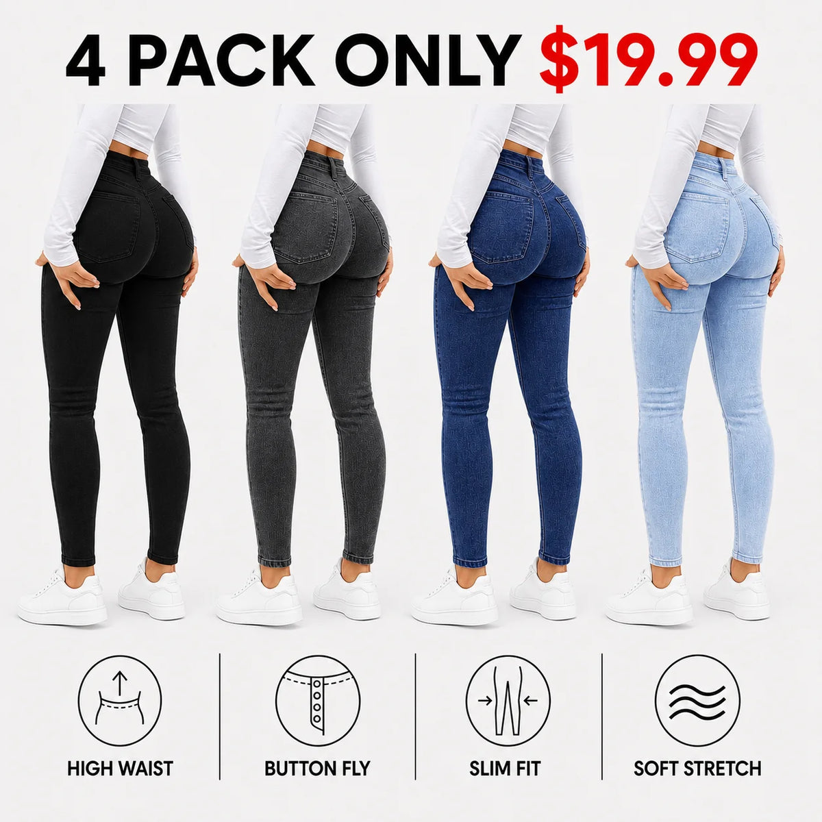 Women's 100% Cotton Elegant High-Waist Slim-Fit Button Fly Jeans