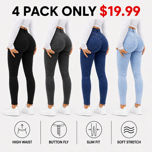 Women's 100% Cotton Elegant High-Waist Slim-Fit Button Fly Jeans