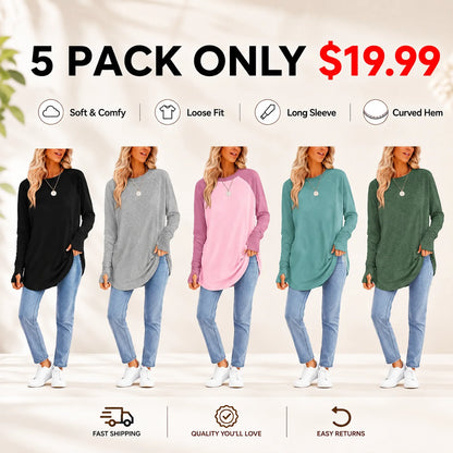 Women's Long Sleeve Tunic Top with Thumb Holes & Curved Hem