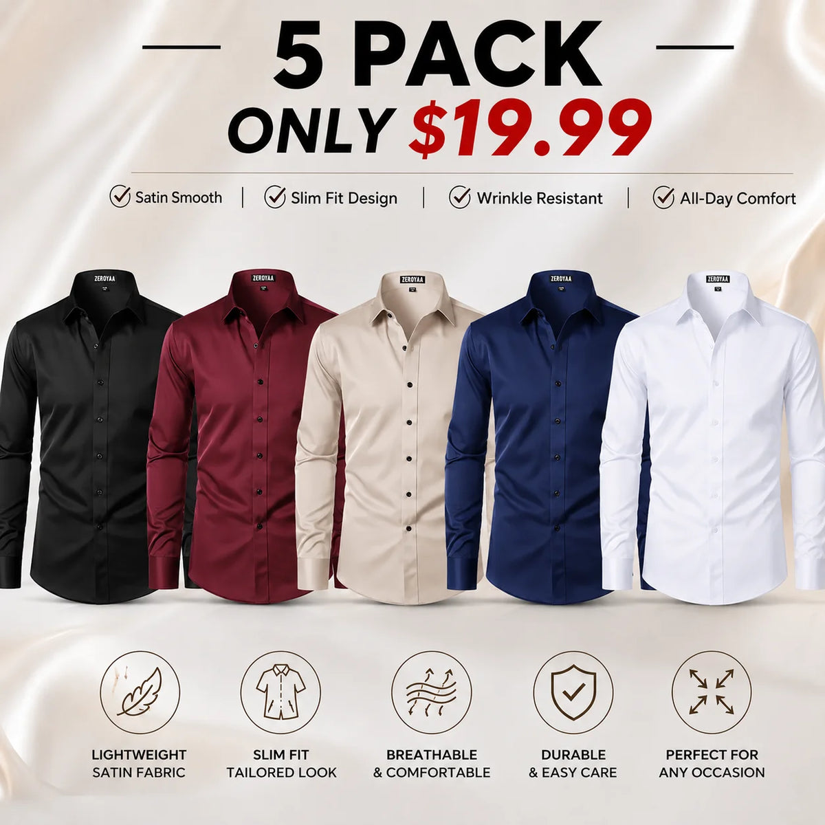 Men's Satin Long Sleeve Dress Shirt Slim Fit