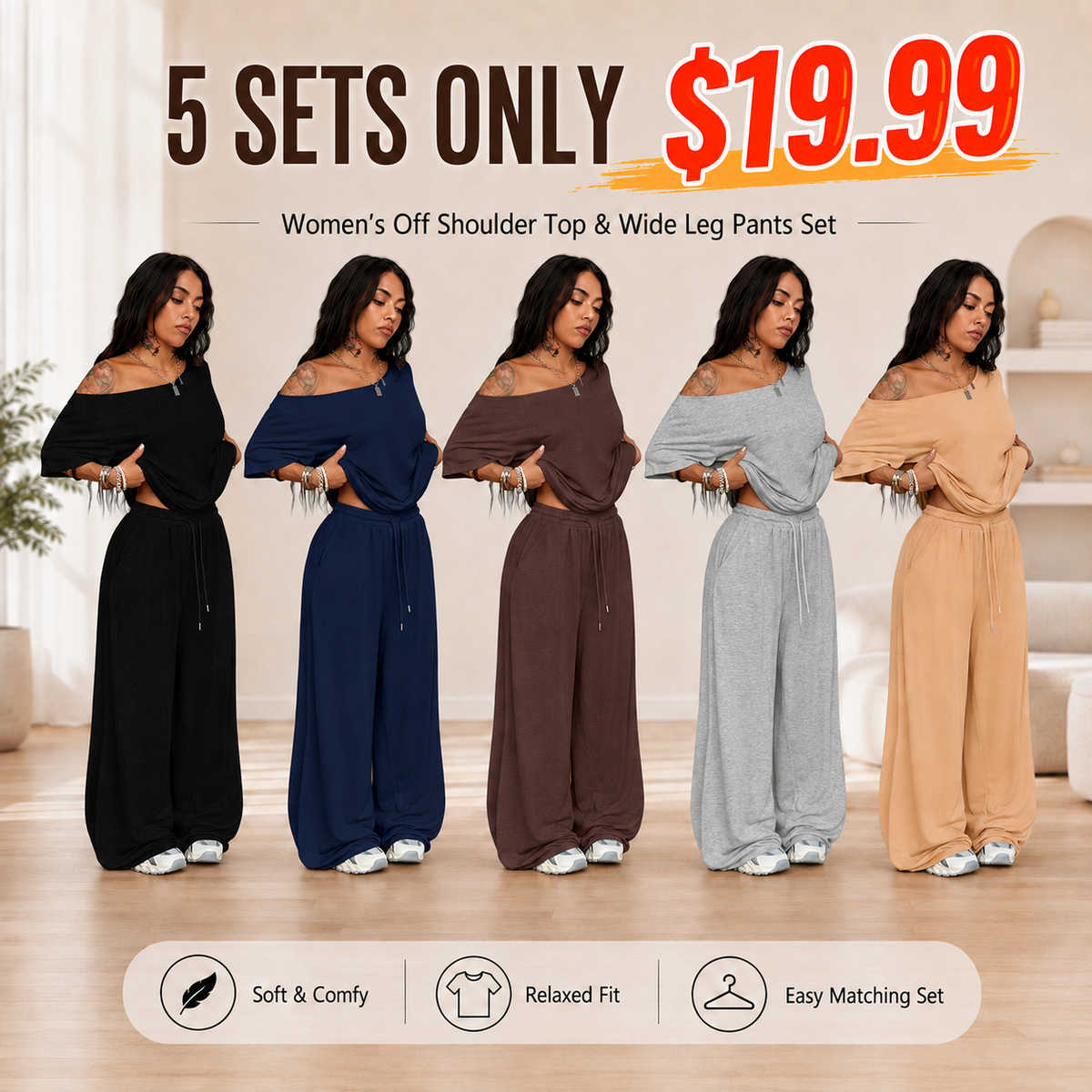 Women's Off Shoulder Top & Wide Leg Pants Set