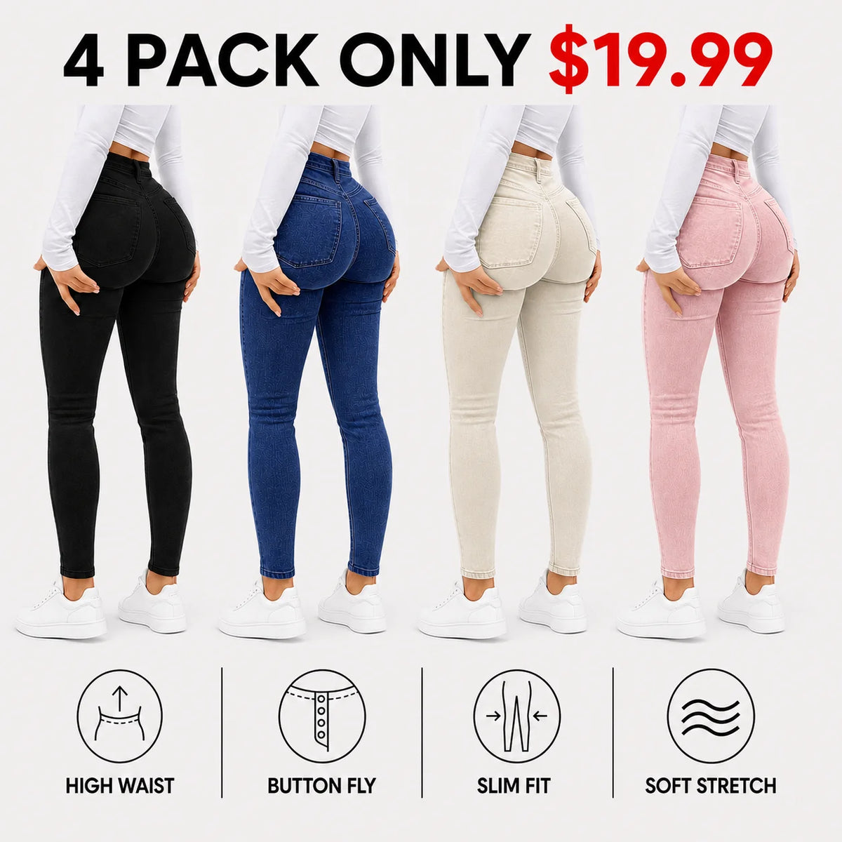 Women's 100% Cotton Elegant High-Waist Slim-Fit Button Fly Jeans