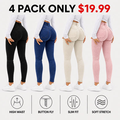 Women's 100% Cotton Elegant High-Waist Slim-Fit Button Fly Jeans