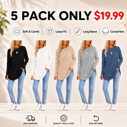 Women's Long Sleeve Tunic Top with Thumb Holes & Curved Hem
