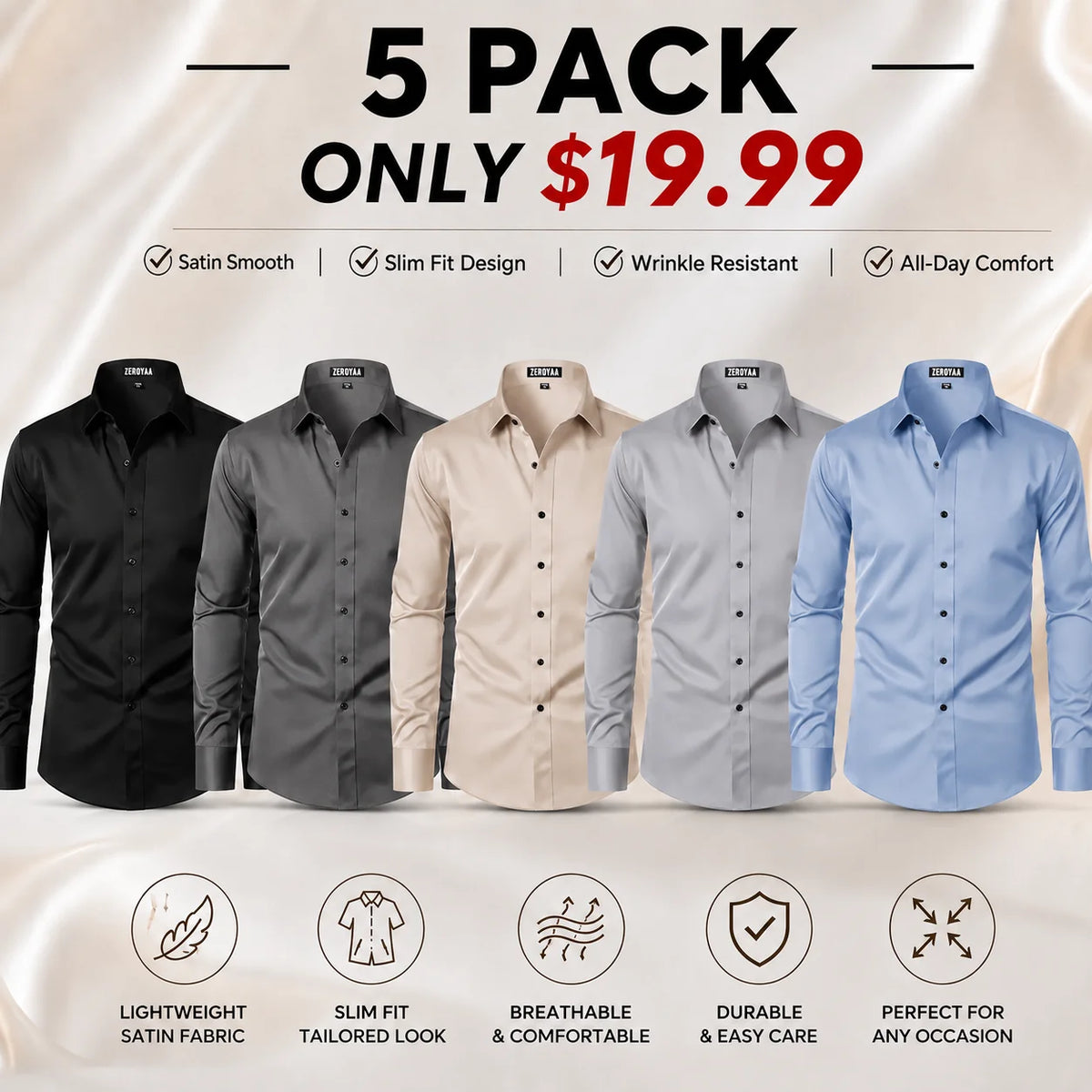 Men's Satin Long Sleeve Dress Shirt Slim Fit