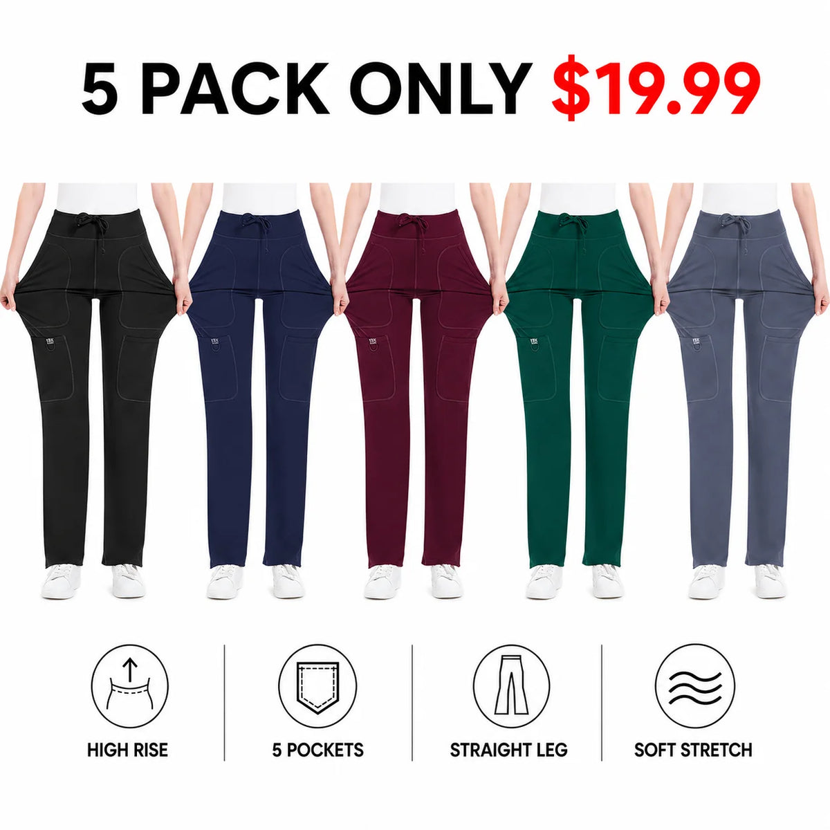 Women's Yoga Scrub Pants - 4-Way Stretch Work Pants with 5 Pockets