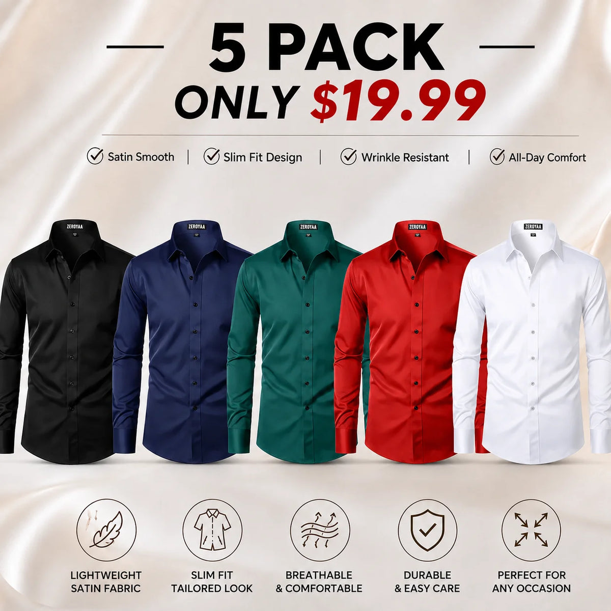 Men's Satin Long Sleeve Dress Shirt Slim Fit