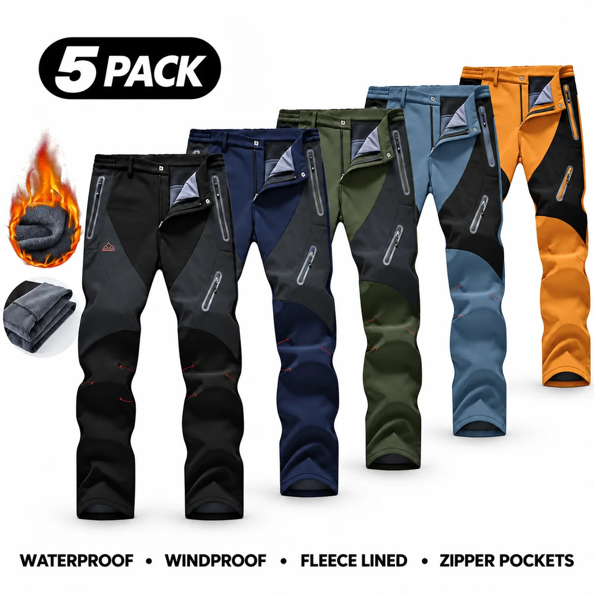 Men's Waterproof Insulated Thermal Softshell Hiking Pants with Zipper Pockets