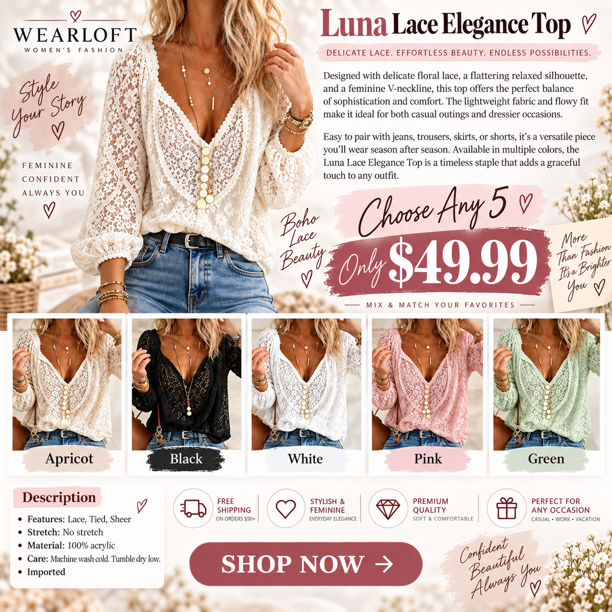 🌷 CHOOSE ANY 3 FOR ONLY $32.99! Luna Lace Elegance Top – 5 Colors to Mix & Match