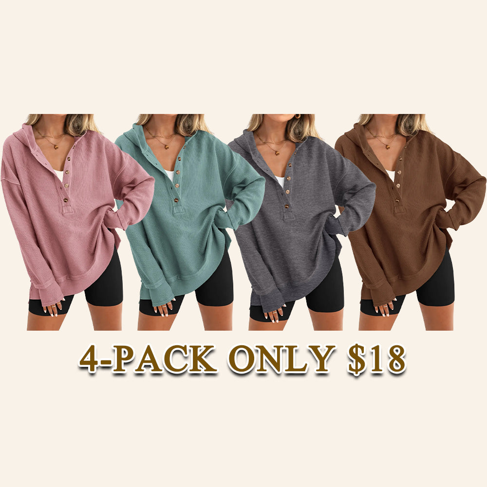 Women's Oversized V-Neck Hoodie – Relaxed Button Pullover with Side Slits