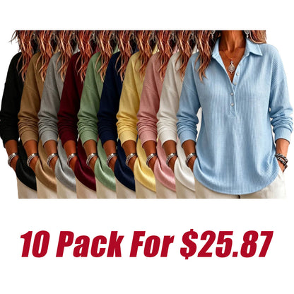 CLEARANCE SALE🔥 Women's Casual Waffle Knit Collared Henley Long Sleeve Shirt