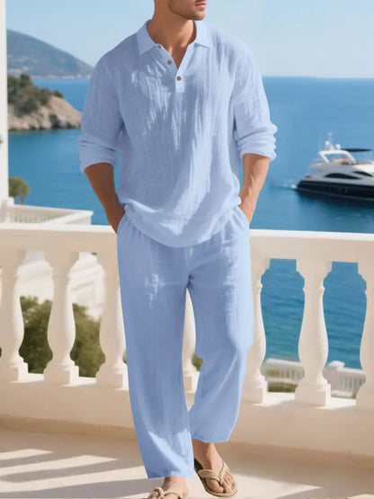 Men's Natural Linen Casual Set, Polo Neck Shirt & Loose Long Pants
