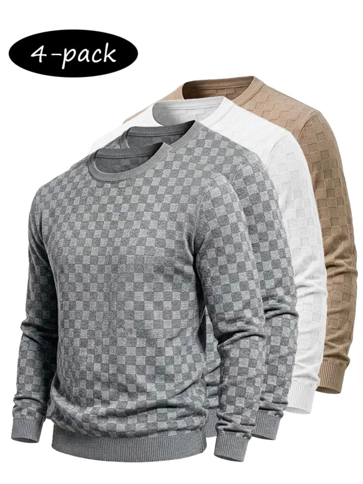 4-Pack Men's Checkered Knit Sweaters – Lightweight Crewneck Long Sleeve Pullovers