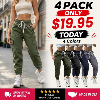 Women's Plain Drawstring Waist Cargo Pants, Casual Pocket Trousers for Daily Wear