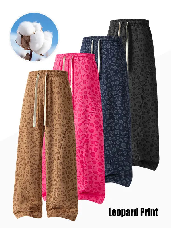 Men's leopard-print casual trousers with side pockets, lightweight and breathable soft fabric, loose comfortable casual sweatpants
