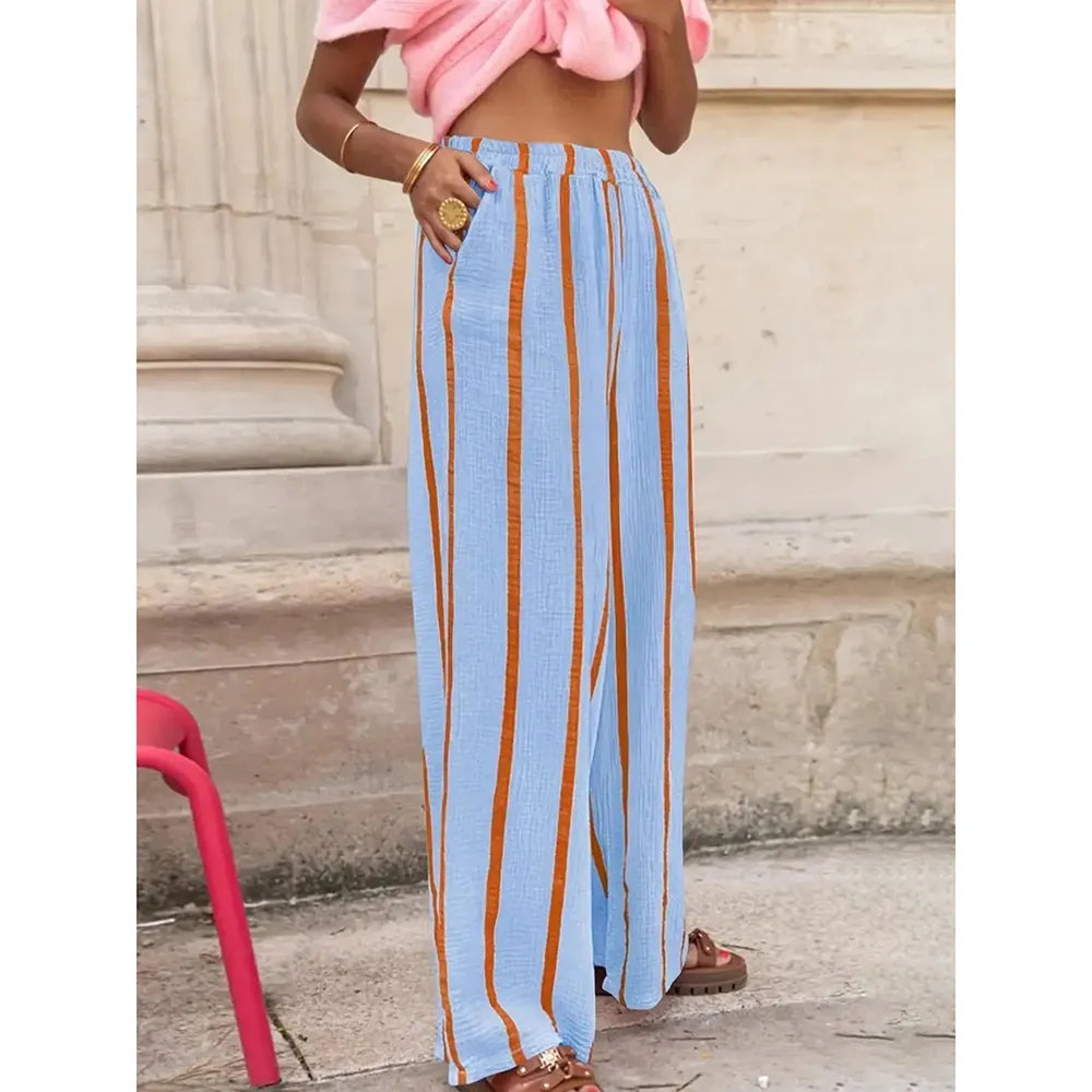 Women's Linen Striped Print Wide Leg Pants