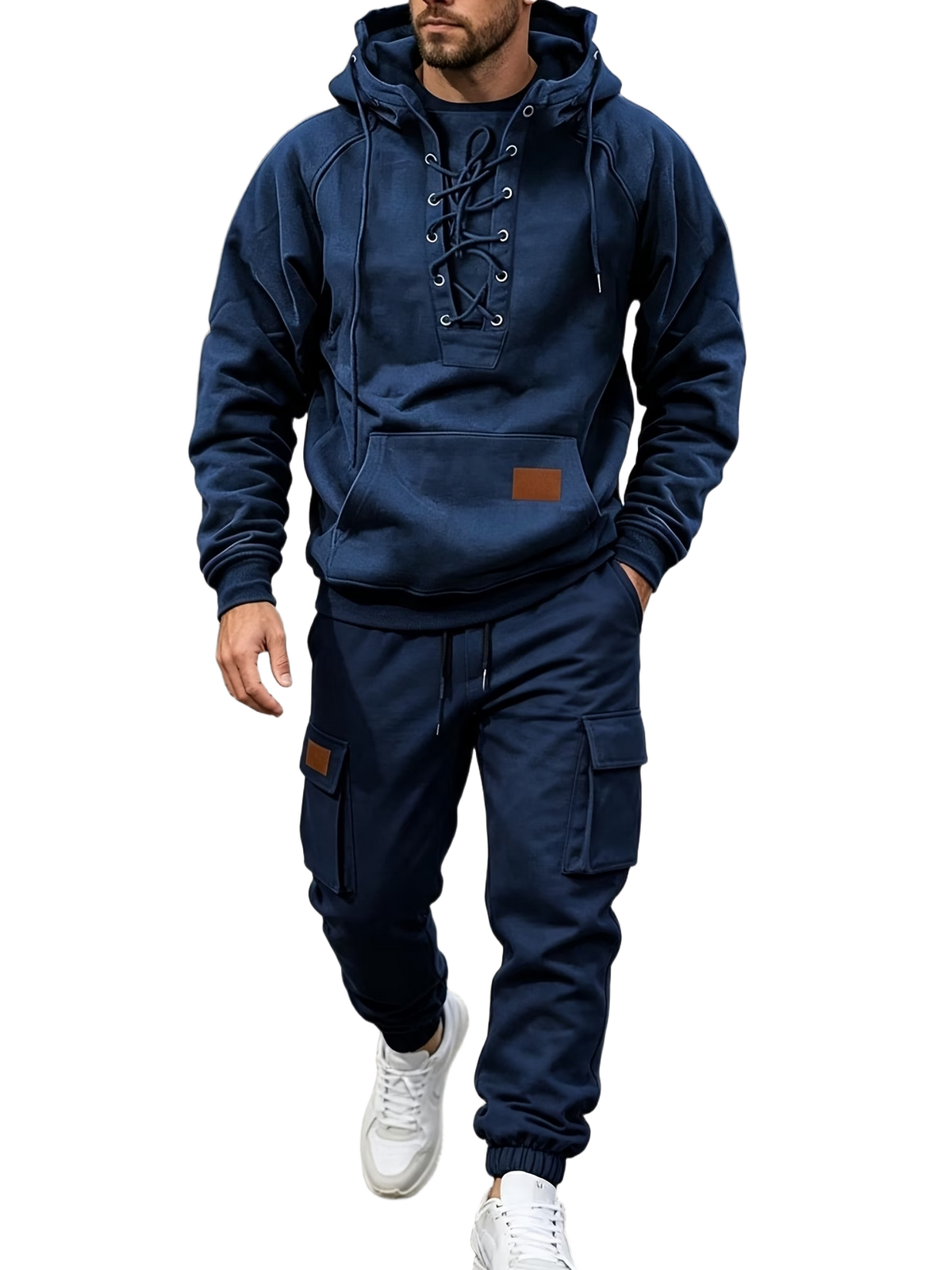 Men's Chest Tie‐Up Hoodie And Multi‐Pocket Ankle‐Cuffed Joggers