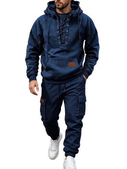 Men's Chest Tie‐Up Hoodie And Multi‐Pocket Ankle‐Cuffed Joggers