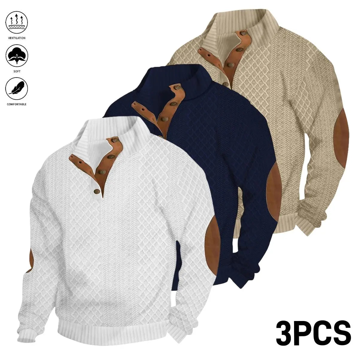 Men's Jacquard Stand Collar Long Sleeve Henley Tops 3-Pack
