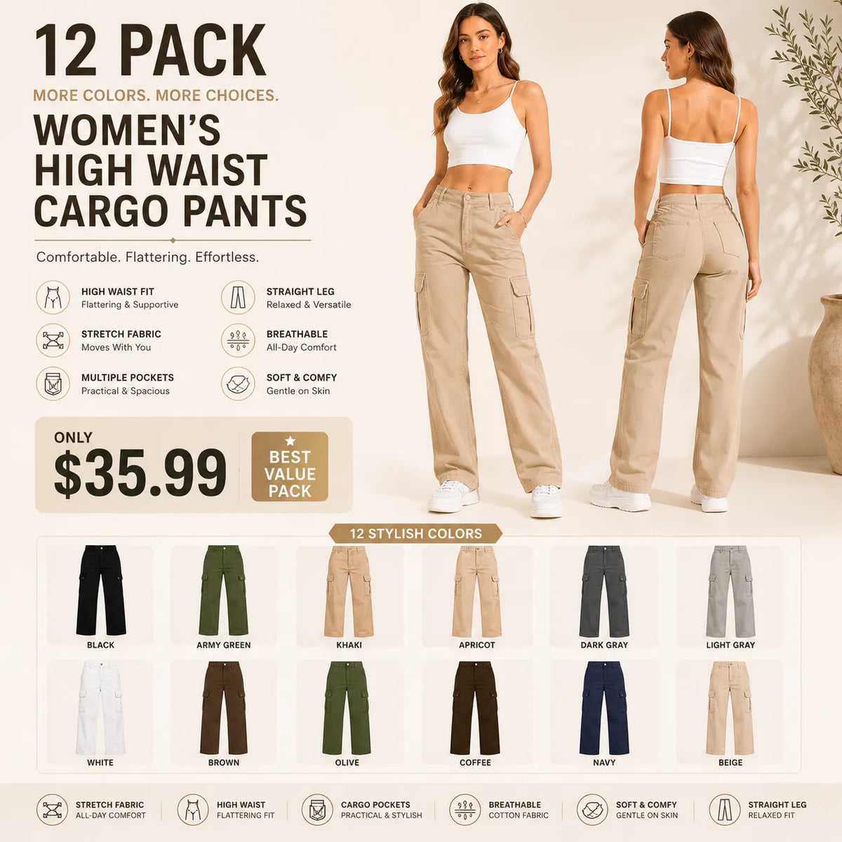 Women's High Waist Stretch Cargo Pants