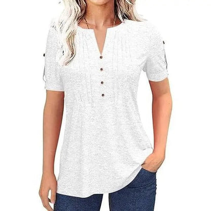 🔥Women's V Neck T Shirt – Casual Pleated Button Top, Loose Fit Short