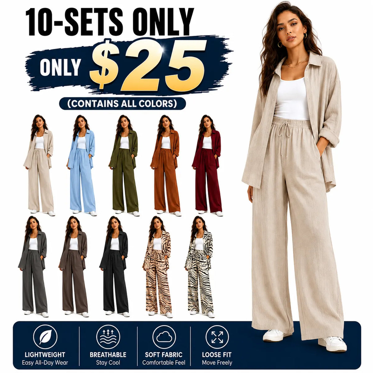 Women's casual athletic-style shirt and pants set—a two-piece ensemble featuring a loose-fitting button-down shirt and wide-leg pants, both comfortable and stylish