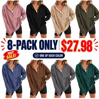 Women's Oversized Button V-Neck Hoodie Sweatshirt Long Sleeve Side Slit Casual Fall Pullover Top