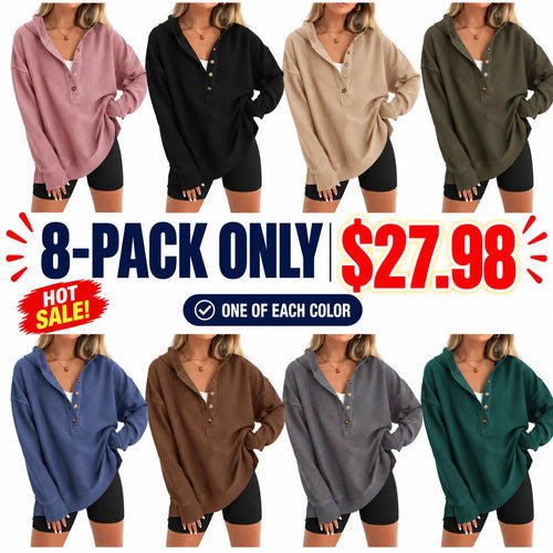 Women's Oversized Button V-Neck Hoodie Sweatshirt Long Sleeve Side Slit Casual Fall Pullover Top